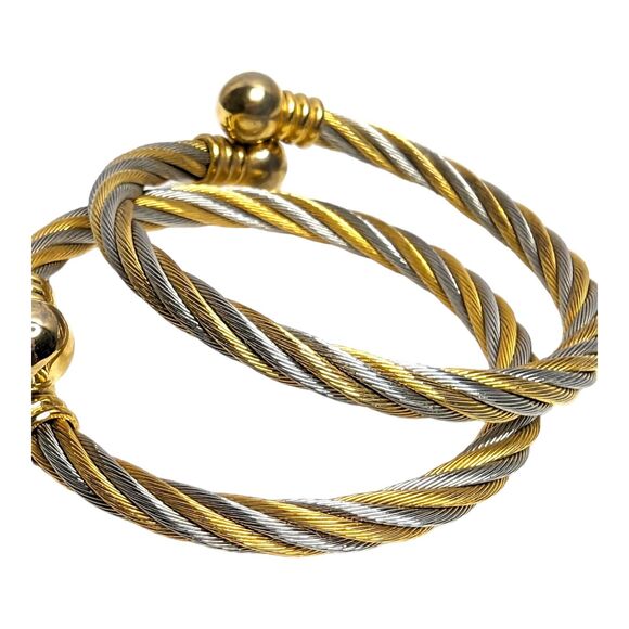 Set of 2 Two Tone Twisted Gold Silver Bracelets Celtic Stainless Steel Cuffs - Picture 5 of 6